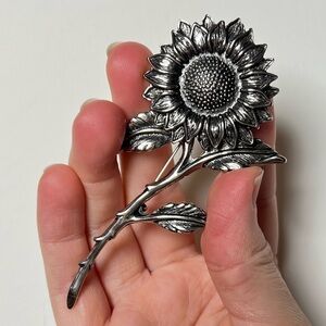 Vintage Silver‎ Sunflower Brooch — 3.5″ Silver Floral Statement Pin 🌻✨